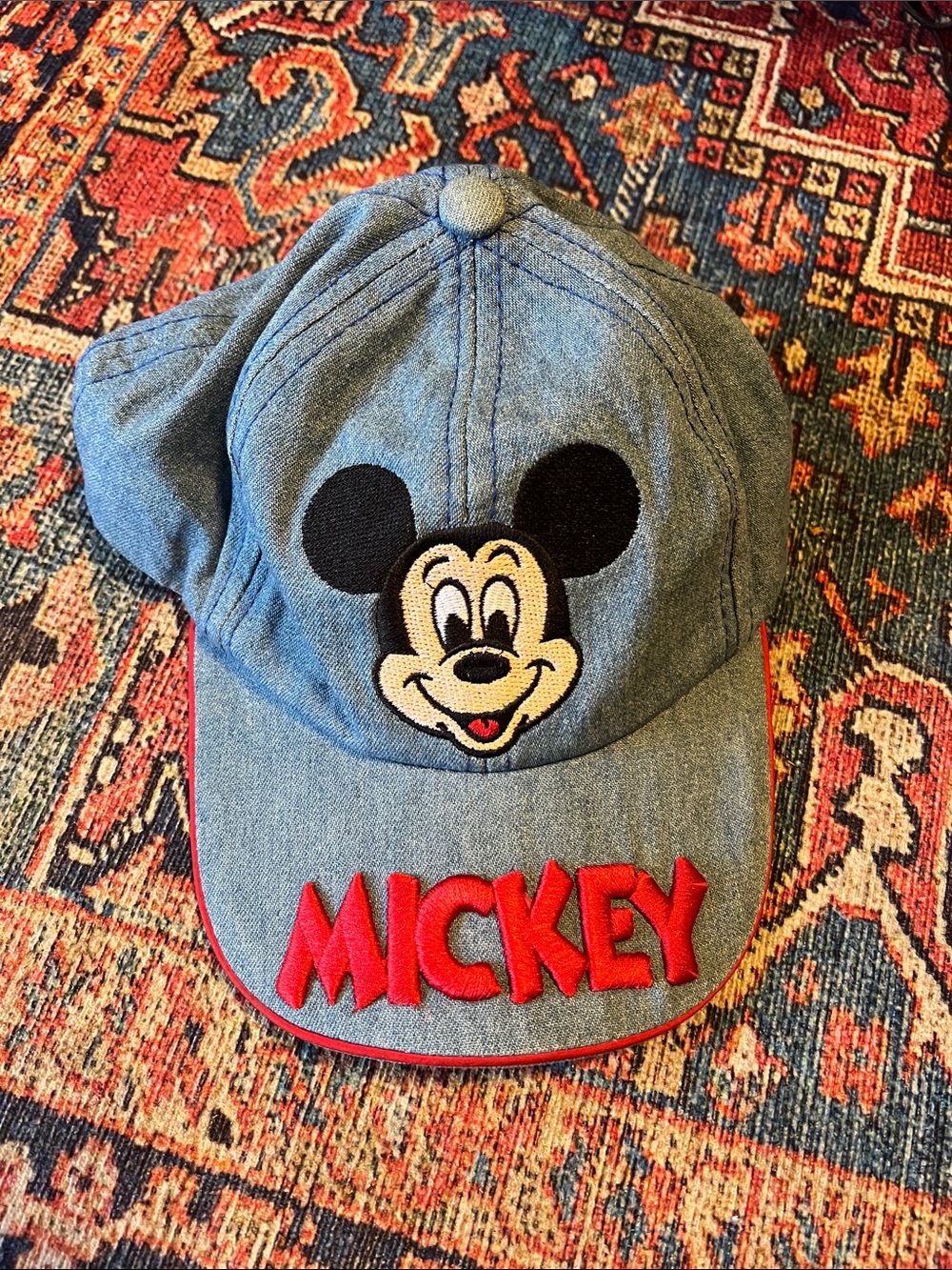 Vintage embroidered Mickey Mouse hat with retractable strap adult size in denim